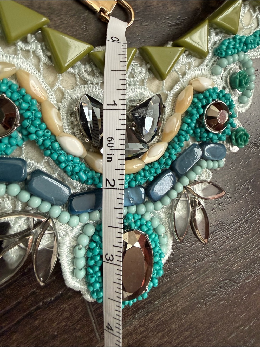 Statement Bib Necklace Beaded Rhinestone Lace Collar Turquoise Boho Festival Y2K - Picture 6 of 6